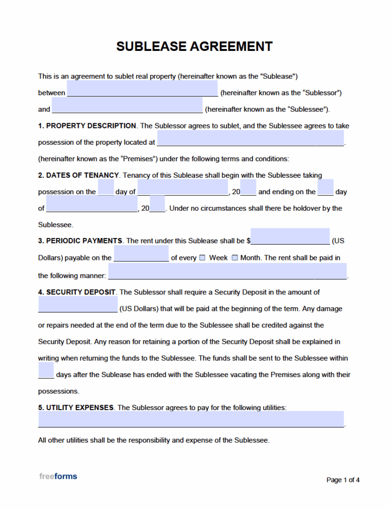 Free Sublease Agreement Template PDF Word