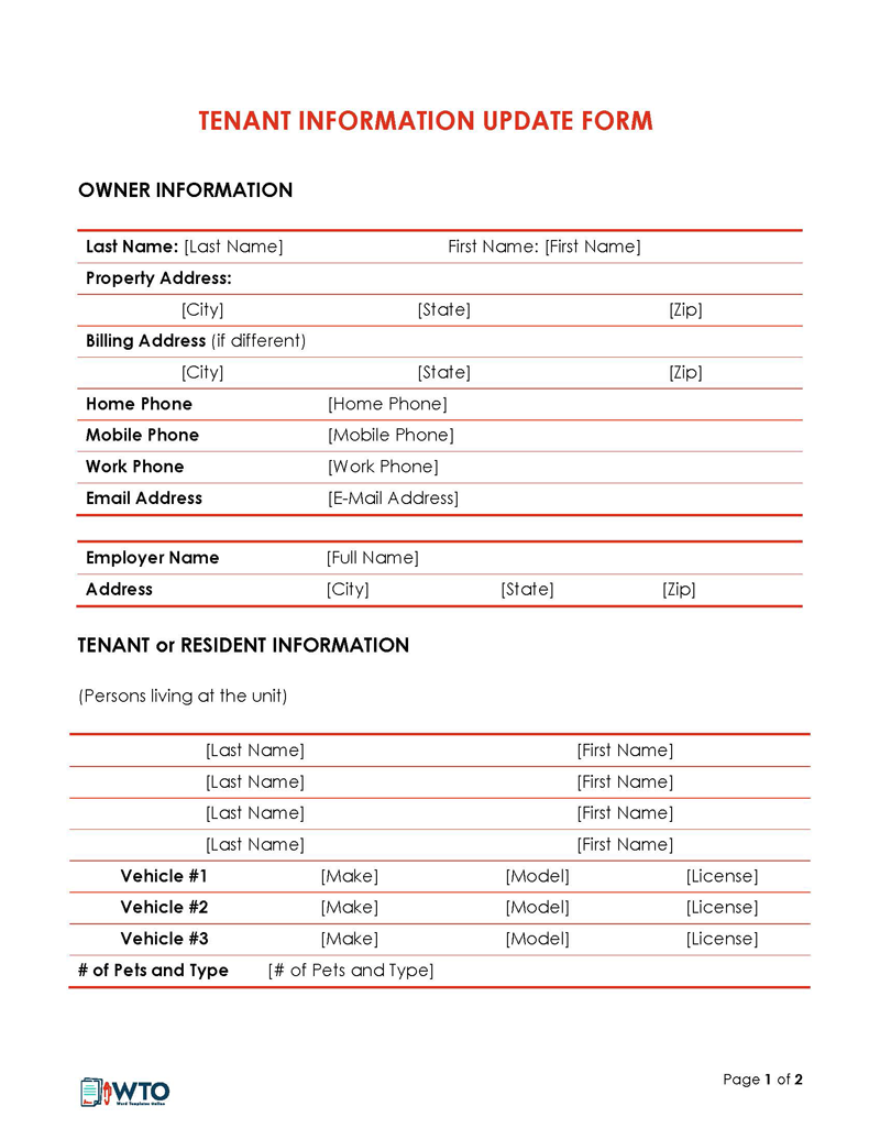 Free Tenant Information Update Forms Editable 