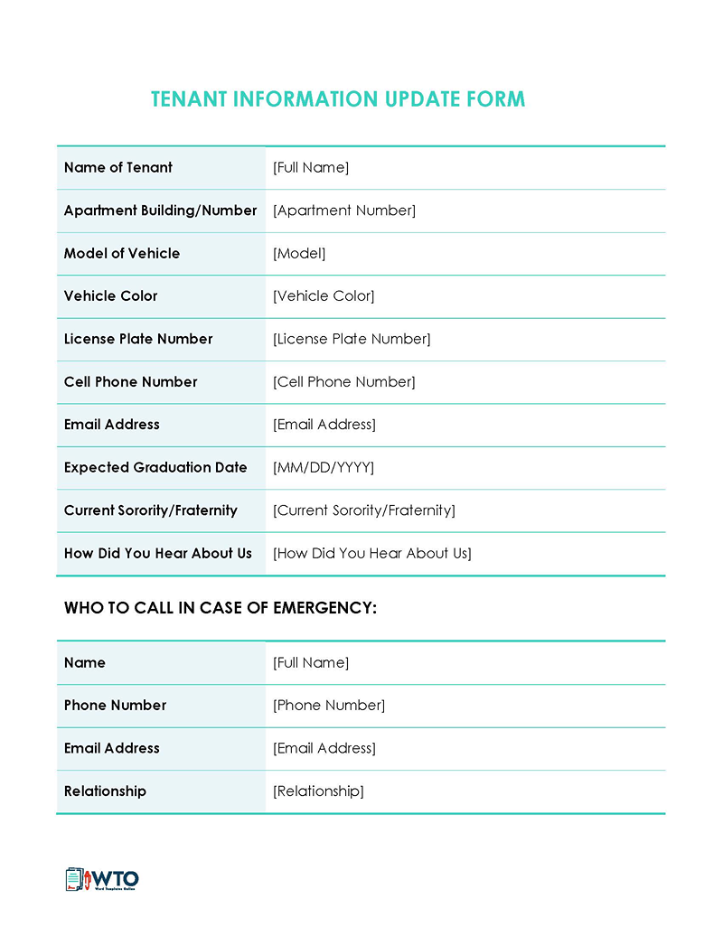 Free Tenant Information Update Forms Editable 