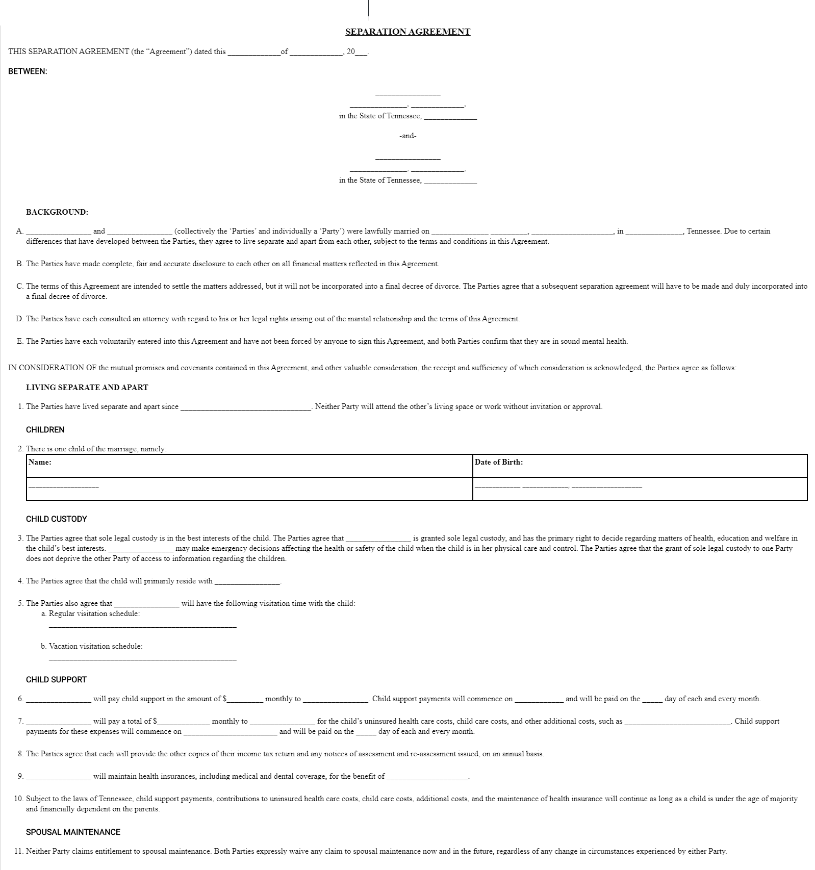 Free Tennessee Marital Separation Agreement Forms Legal