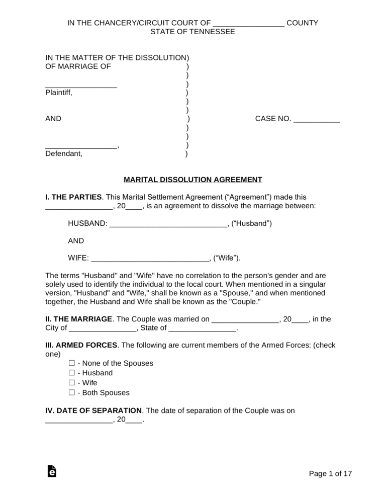 Free Tennessee Marital Settlement Divorce Agreement PDF Word EForms