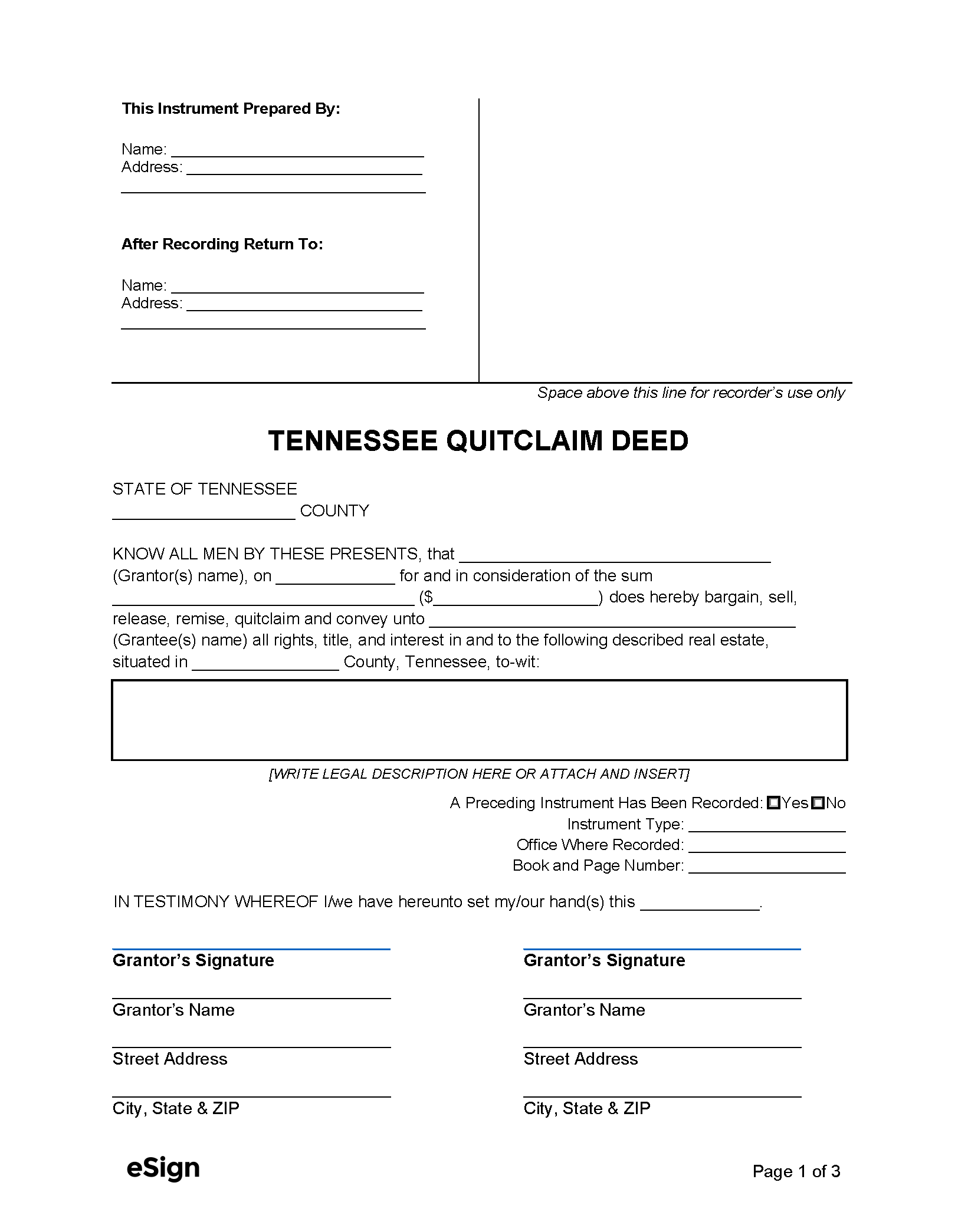 Free Tennessee Quitclaim Deed Form PDF Word