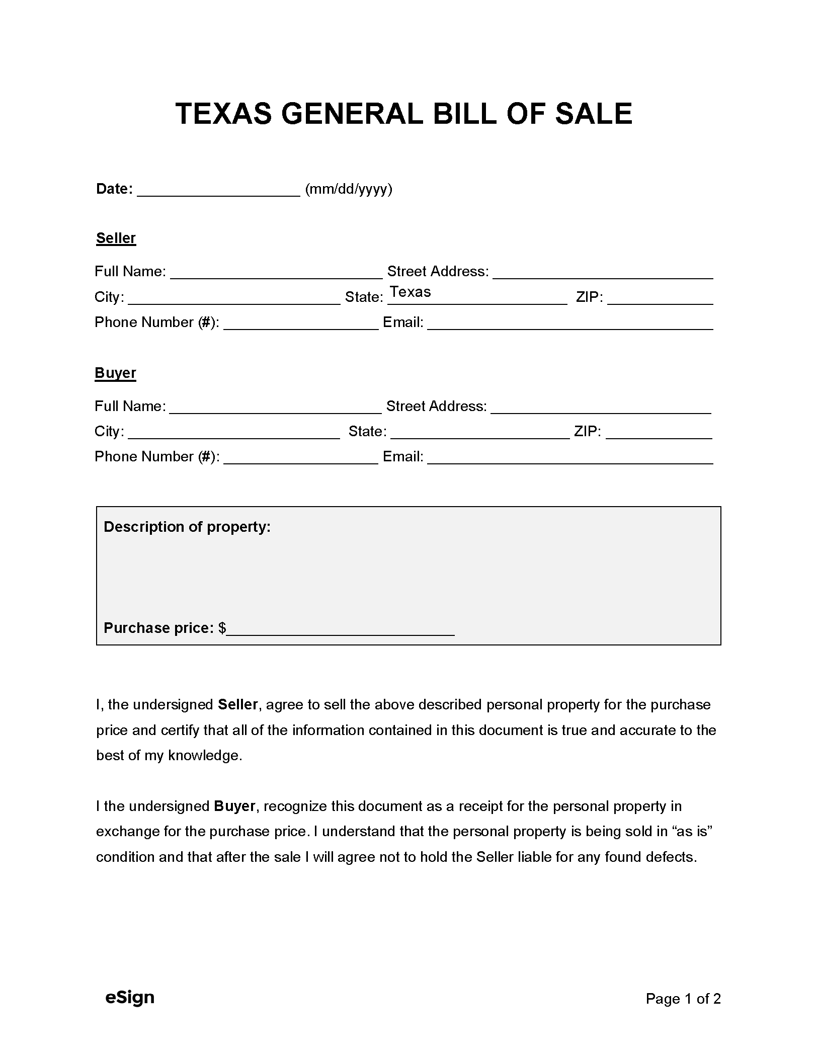 Free Printable Bill Of Sale Form Texas