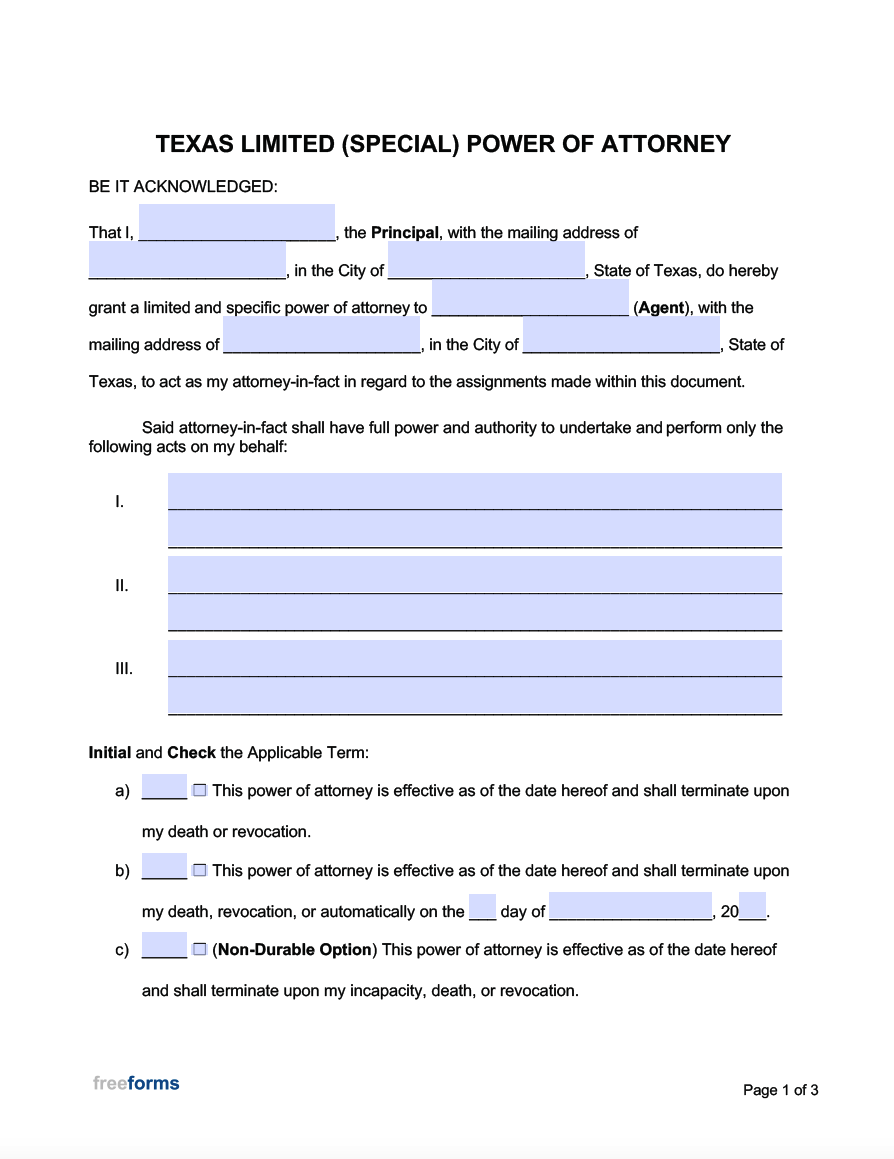 Texas Power Of Attorney Forms Free Printable