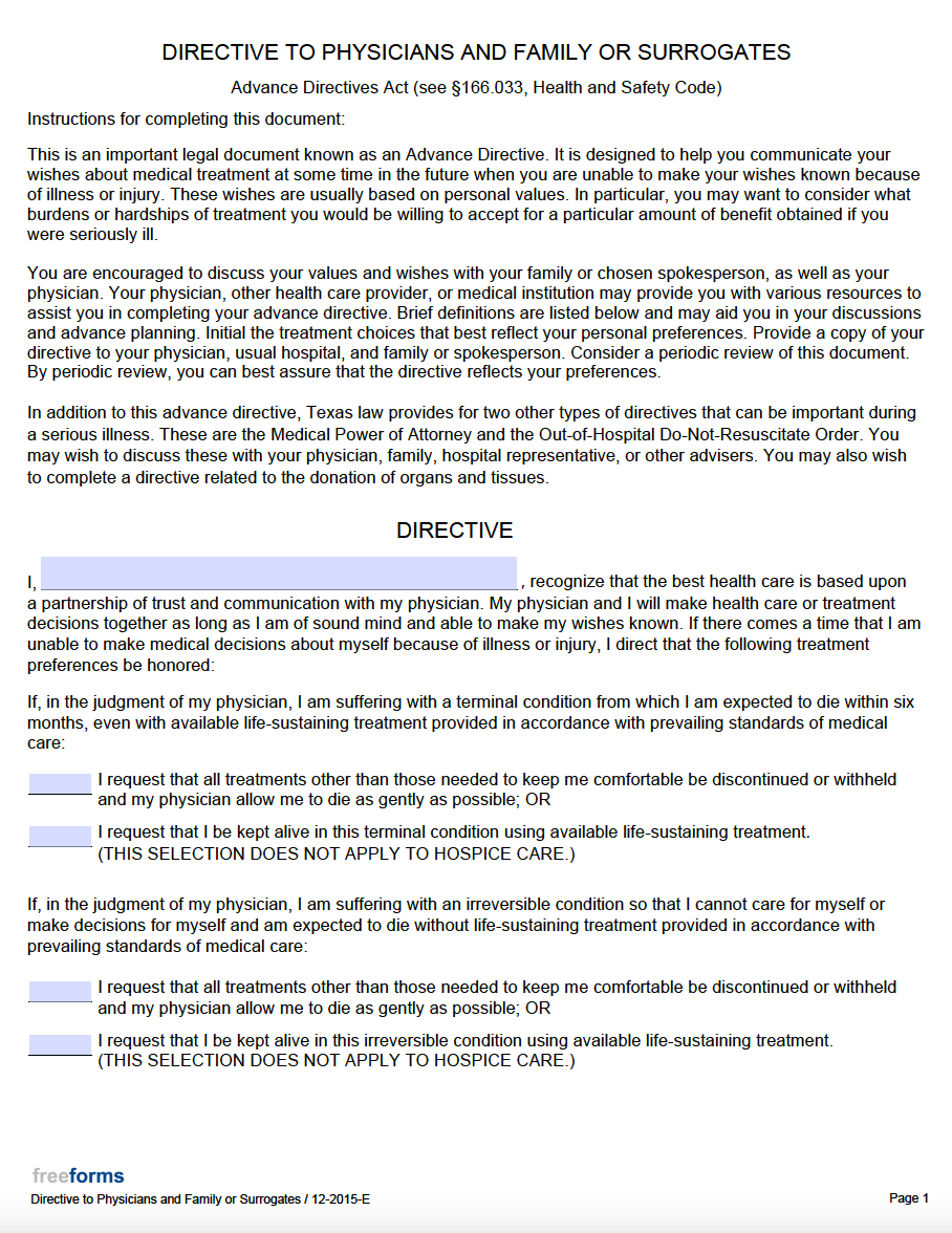 Free Texas Living Will Form PDF