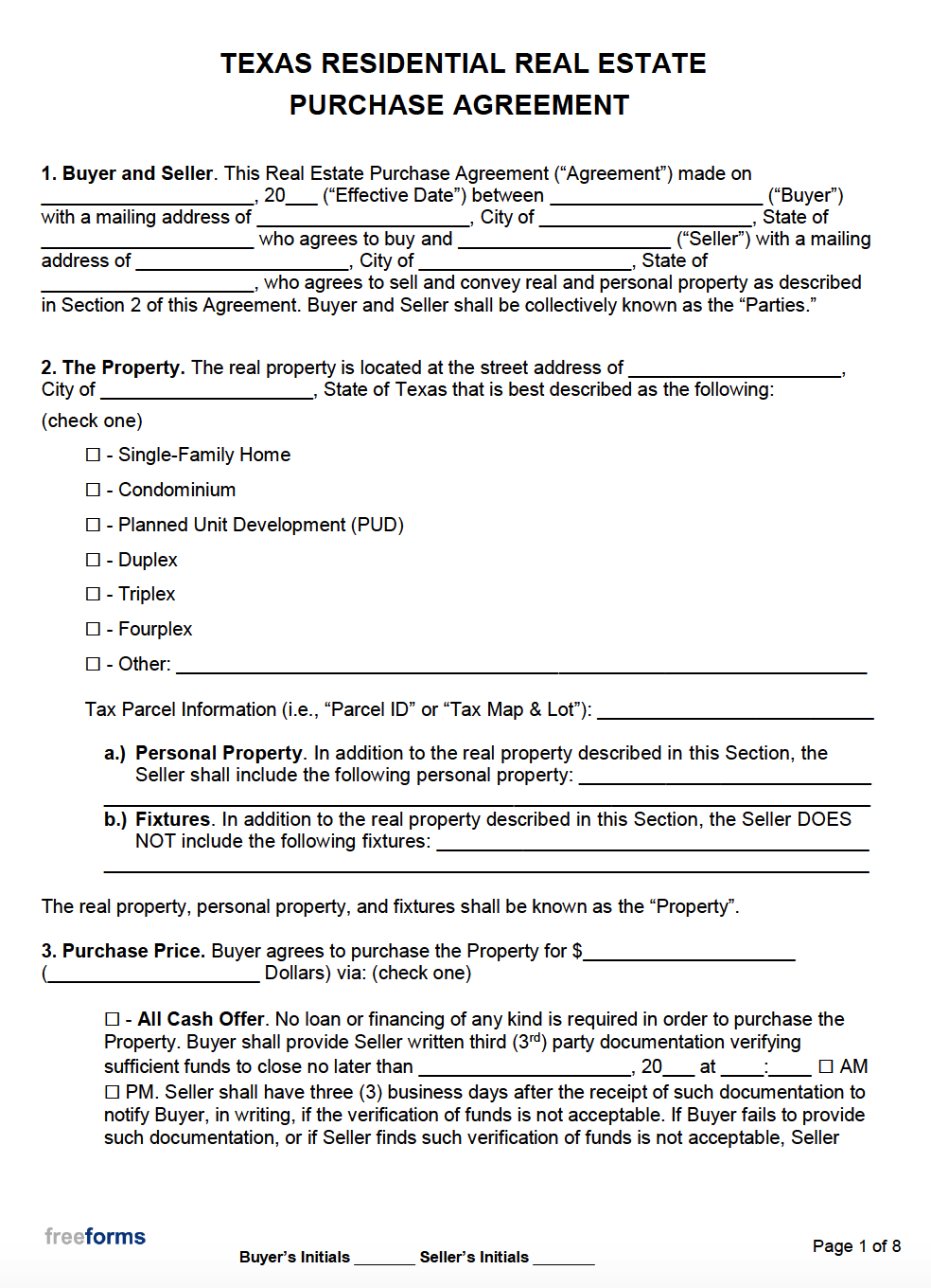 Free Texas Real Estate Purchase Agreement Template PDF Word