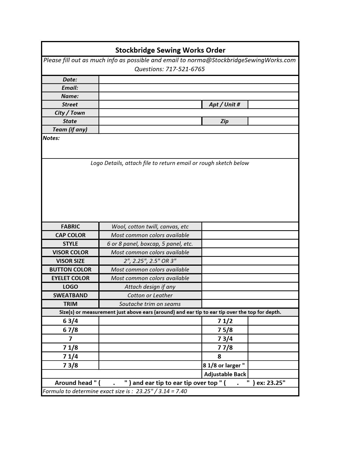 FREE TO PRINT Order Form For Custom Designed Caps Please Read Instruction Below 