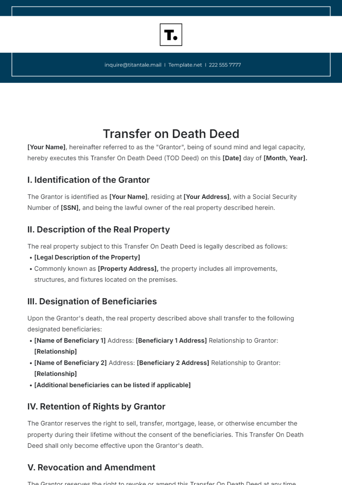 Free Transfer On Death Deed Template To Edit Online