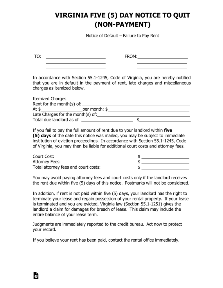 Free Virginia 5 Day Notice To Quit Form Non Payment Of Rent PDF Word EForms