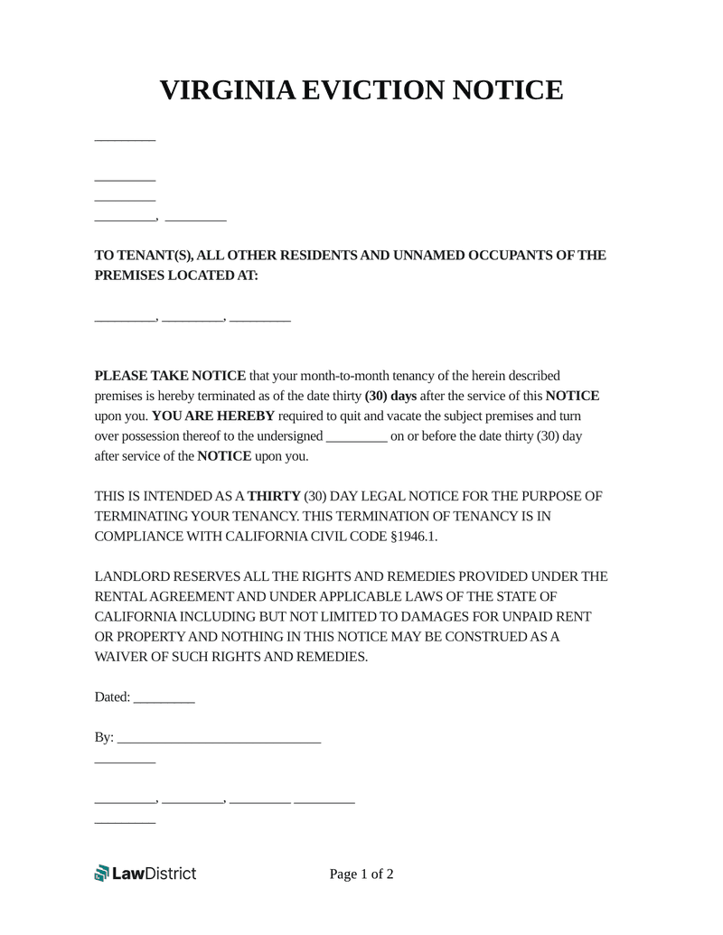 Free Virginia Eviction Notice PDF U0026 Word LawDistrict