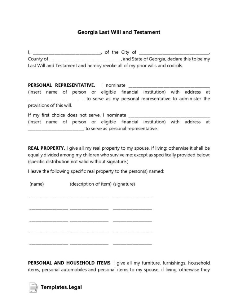 Georgia Last Will And Testament Templates Free Word PDF ODT 