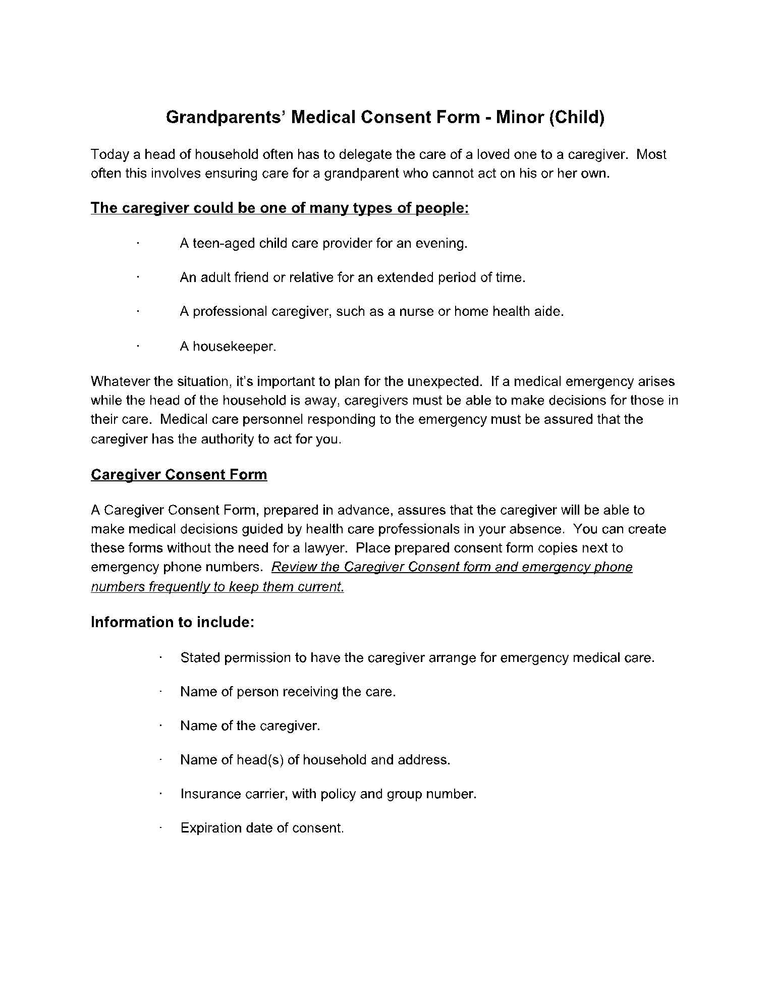 Free Printable Child Medical Consent Form For Grandparents Pdf