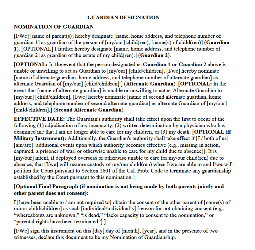 Guardian Designation For Minor Child Templates U0026 Samples