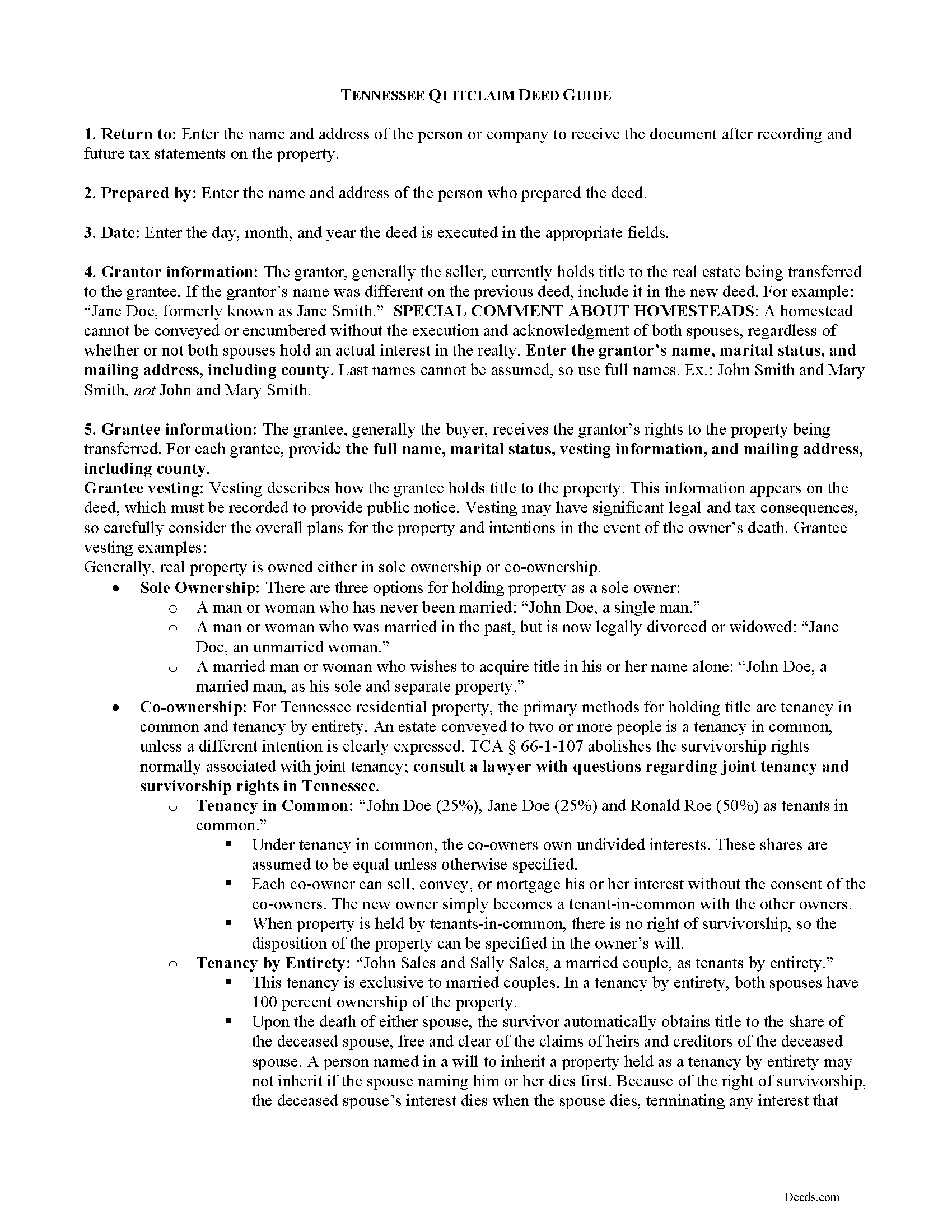 Hamilton County Quitclaim Deed Form Tennessee Deeds