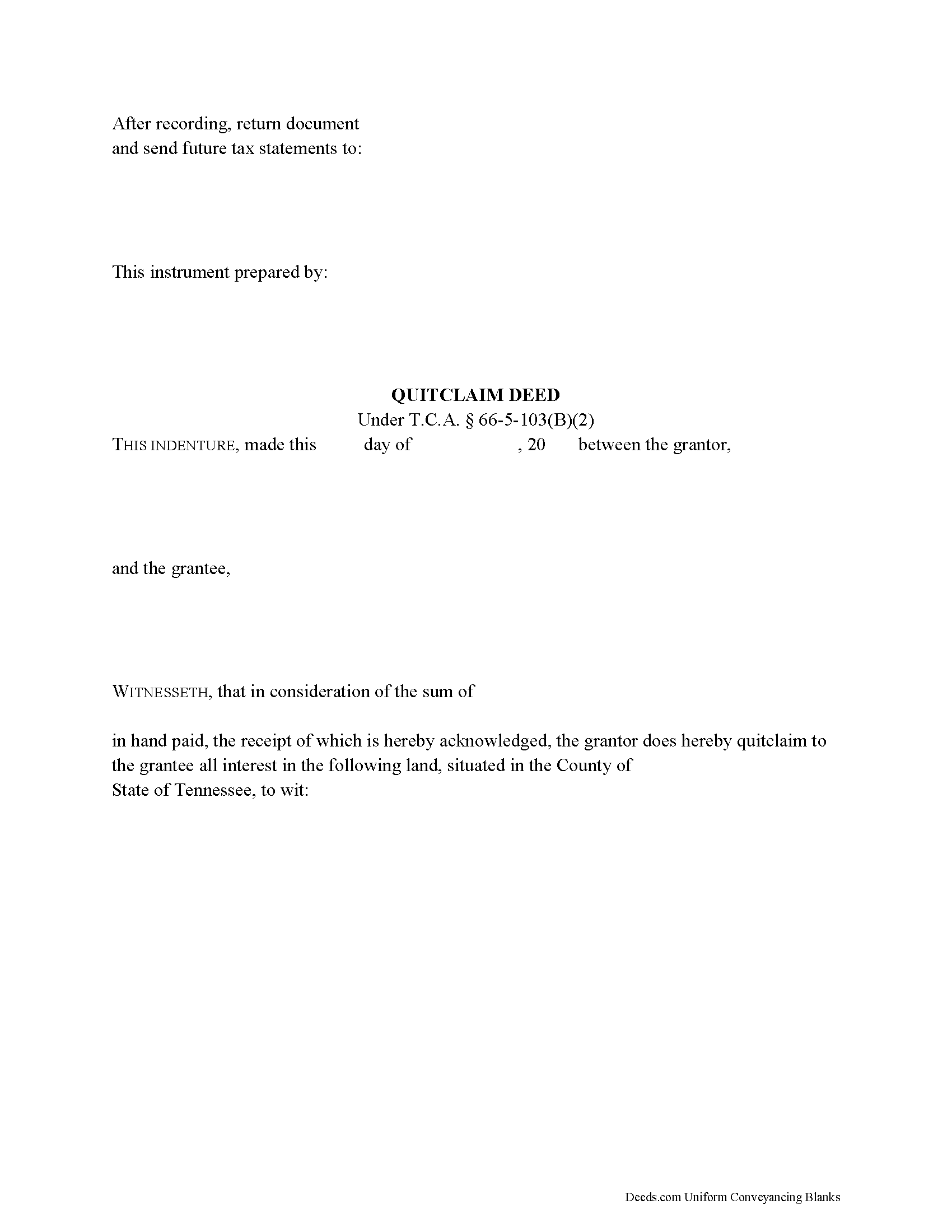 Free Printable Quit Claim Deed Form Tennessee
