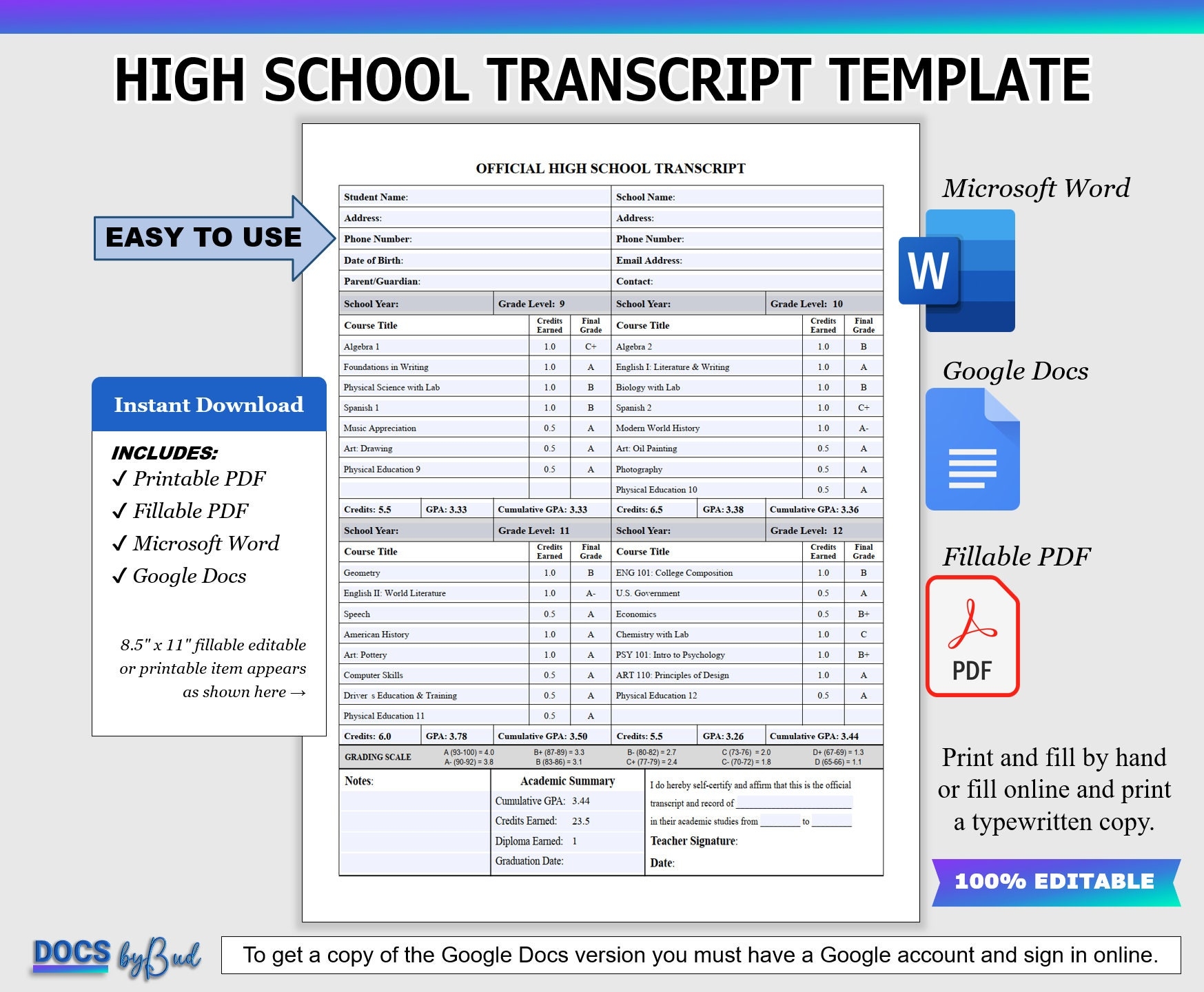 High School Transcript Template Fillable PDF Printable Homeschool Transcript Template PDF Fully Editable In Microsoft Word Or Google Docs