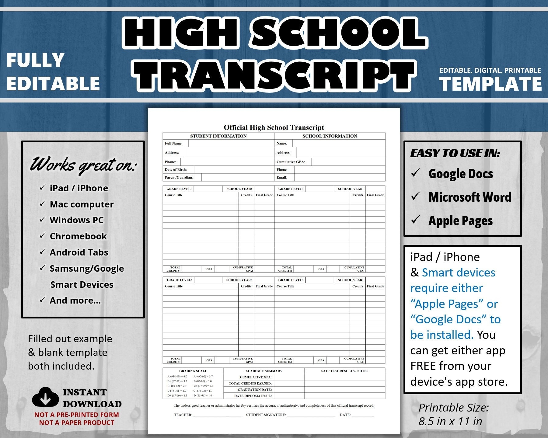 High School Transcript Template Google Docs Editable High School Transcript Template Fillable PDF DIY Homeschool High School Transcript