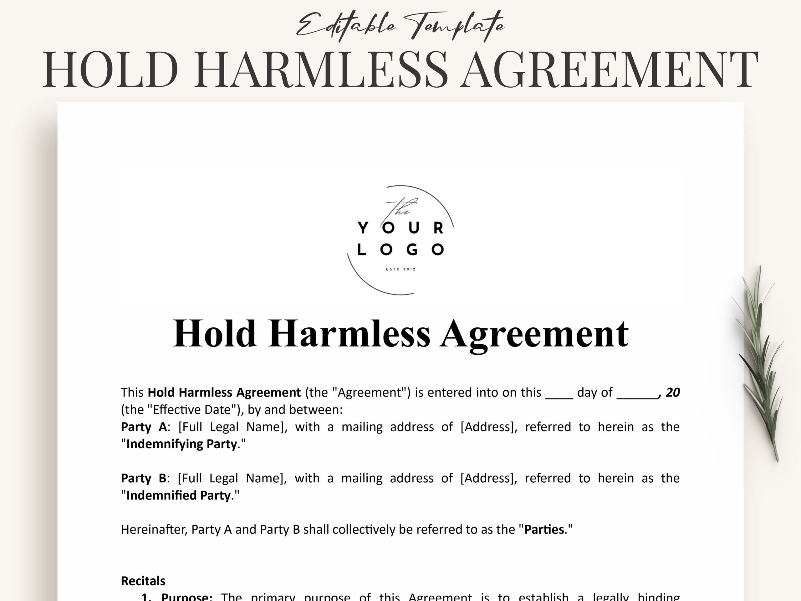 Free Printable Hold Harmless Agreement Form