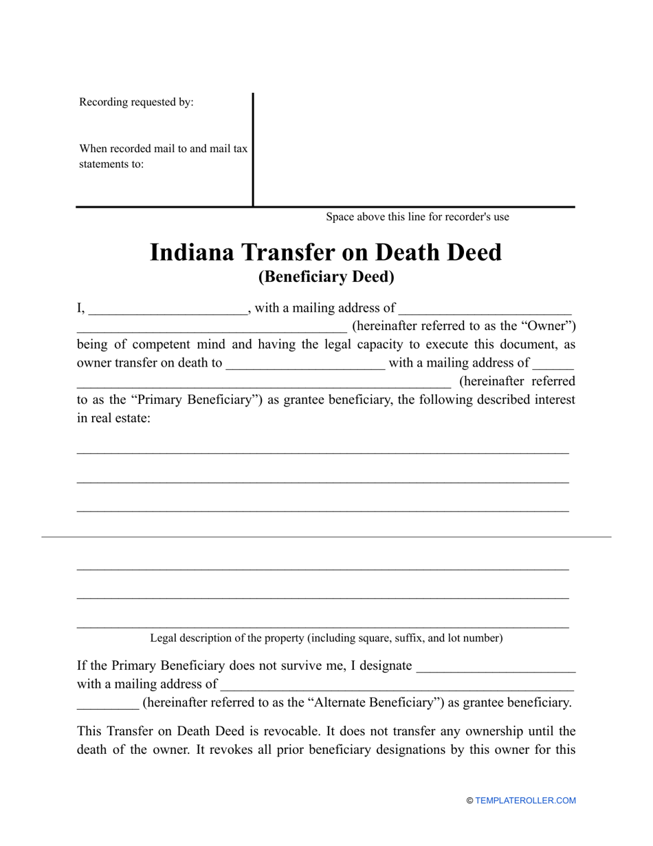 Indiana Transfer On Death Deed Form Fill Out Sign Online And Download PDF Templateroller