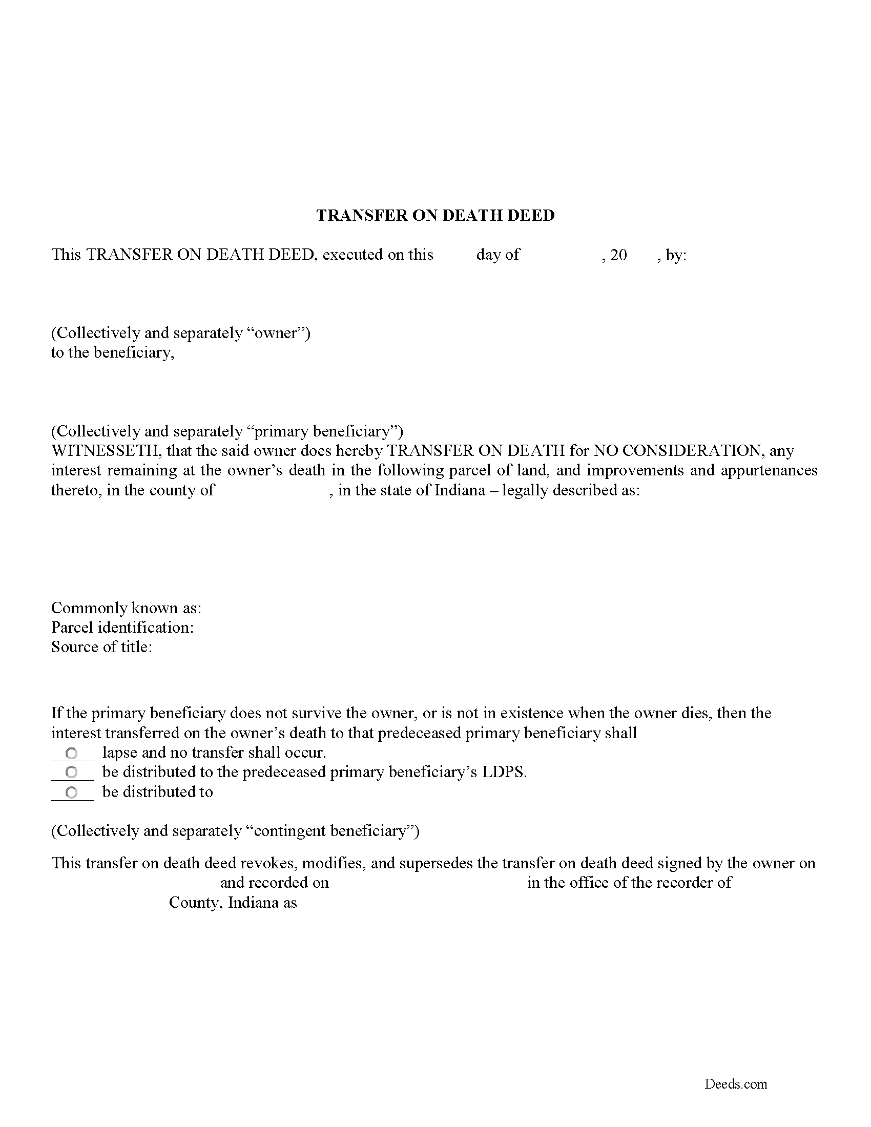 Indiana Transfer On Death Deed Forms Deeds