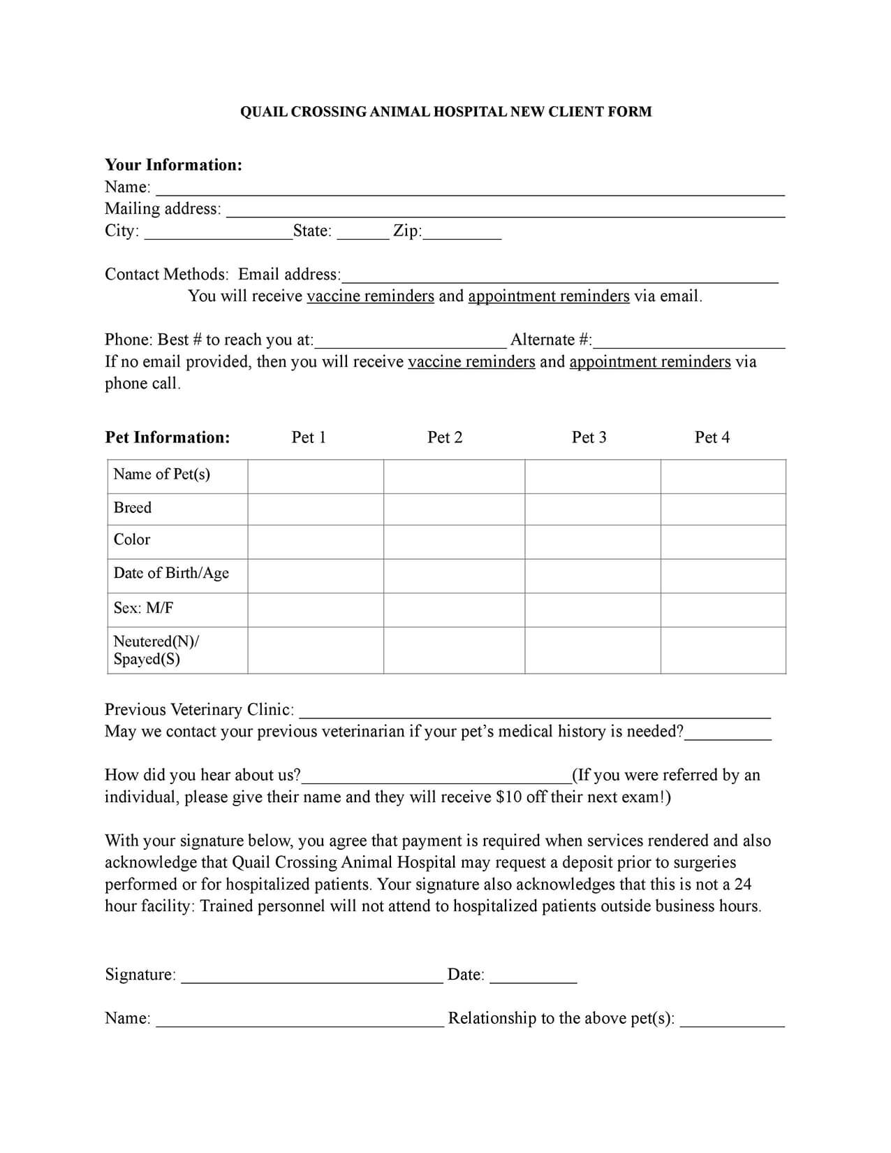 Intake Form Quail Crossing Animal Hospital