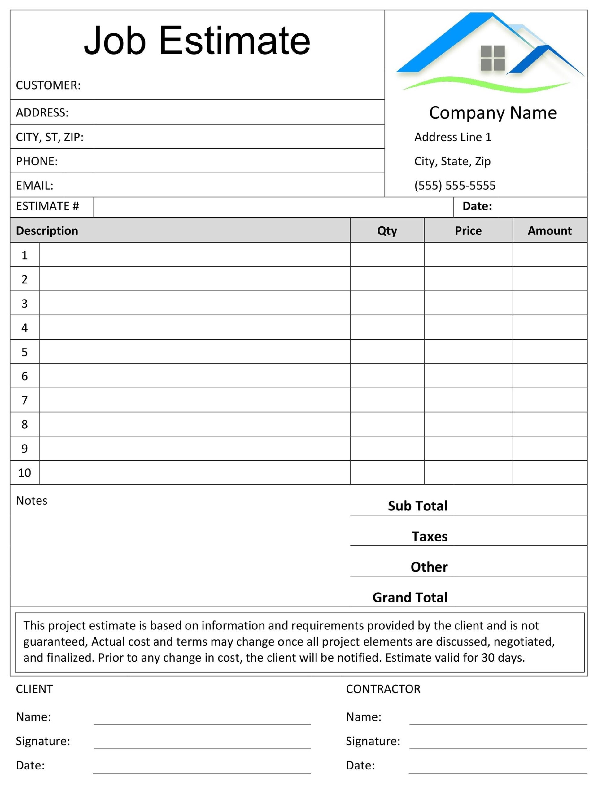Construction Free Printable Estimate Forms