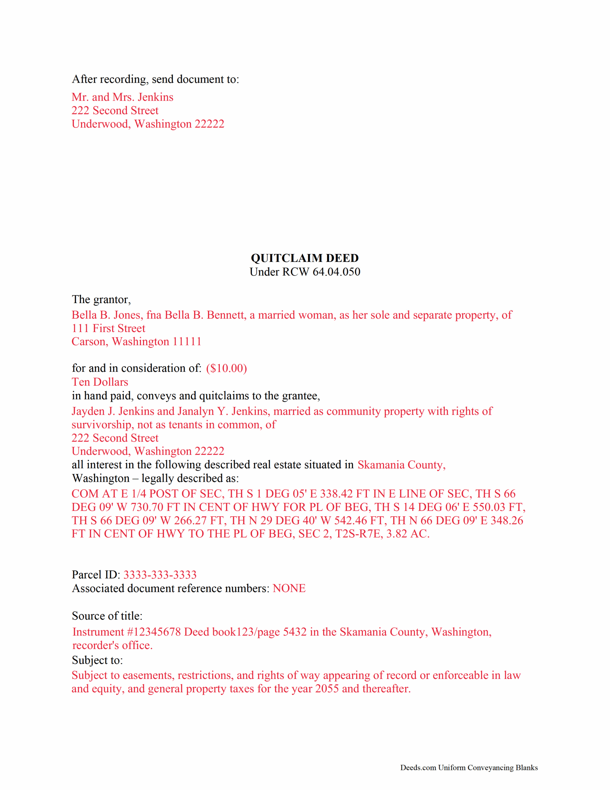 Free Printable Quit Claim Deed Washington State Form