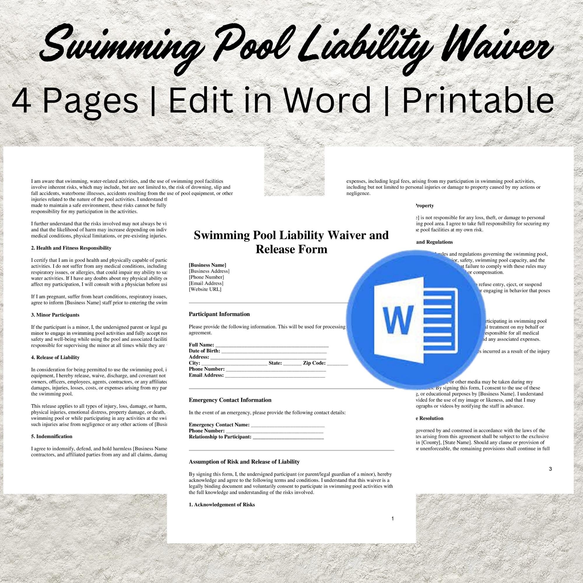 Free Printable Pool Waiver Form Pdf