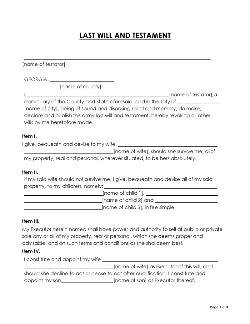 Free Printable Will Form Georgia
