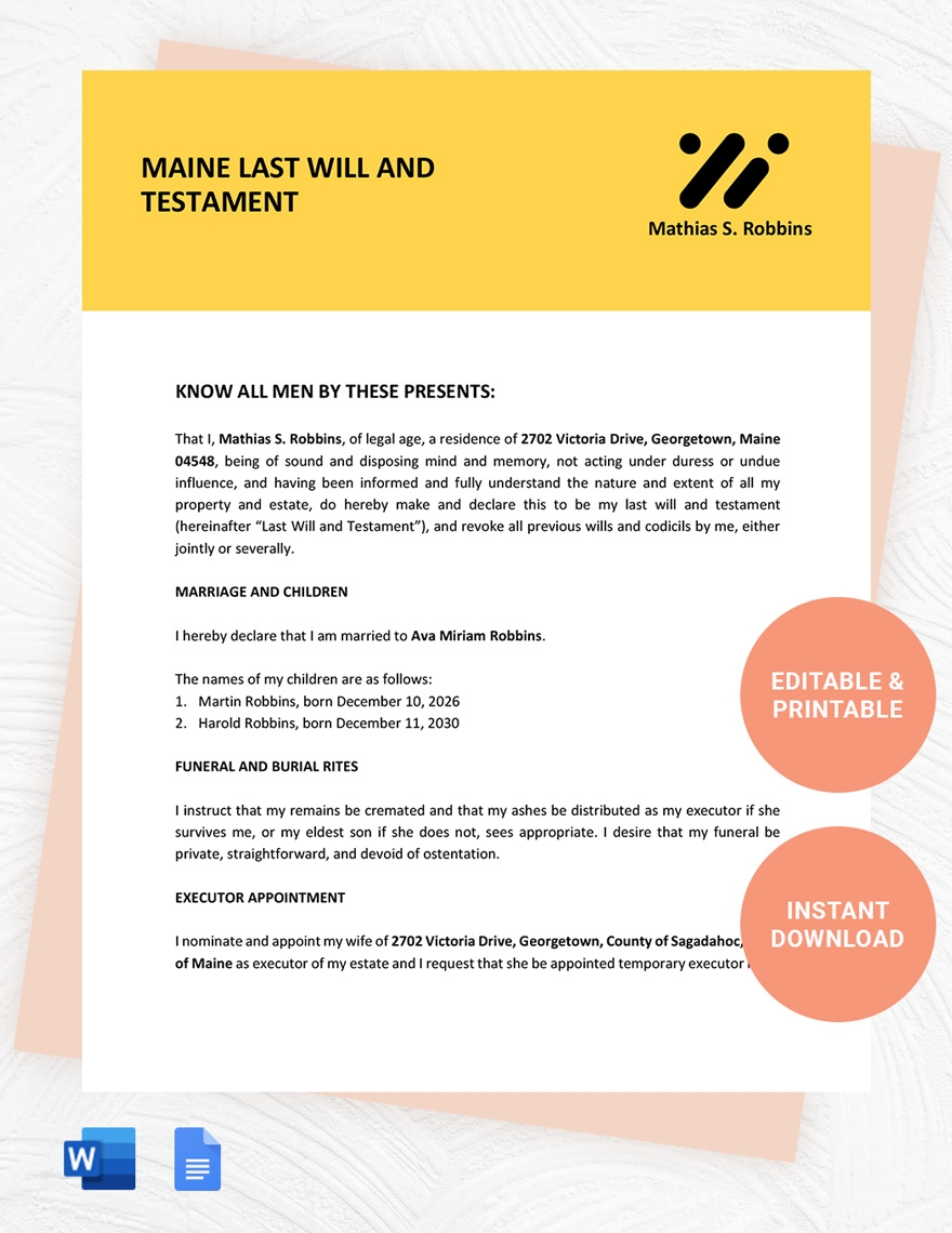 Maine Last Will And Testament Template In Google Docs Word Download Template