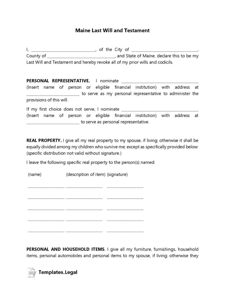 Maine Last Will And Testament Templates Free Word PDF ODT 
