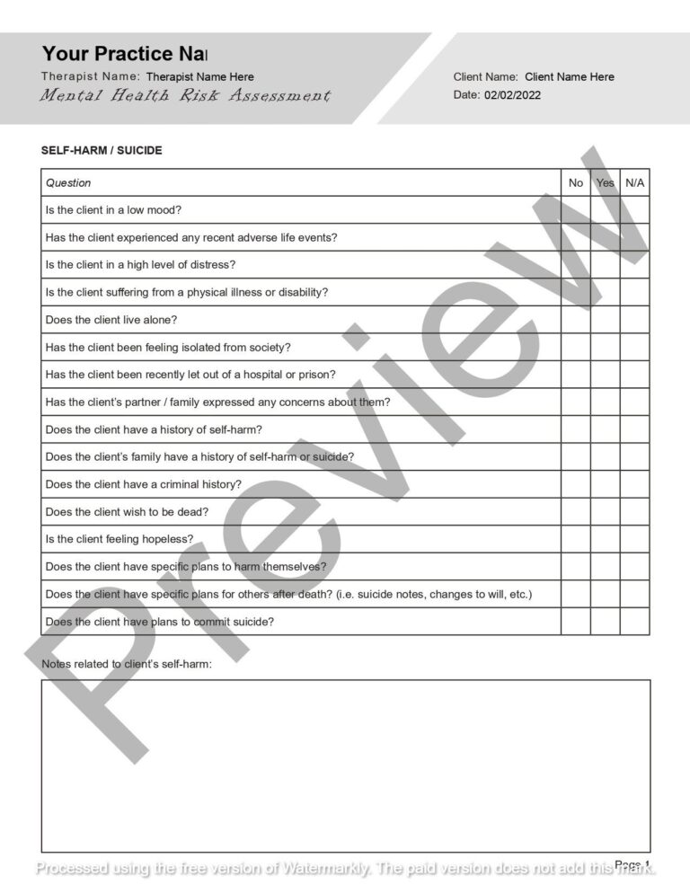Mental Health Risk Assessment Editable Fillable PDF For Counselors Psychologists Psychiatrists Therapists Etsy UK