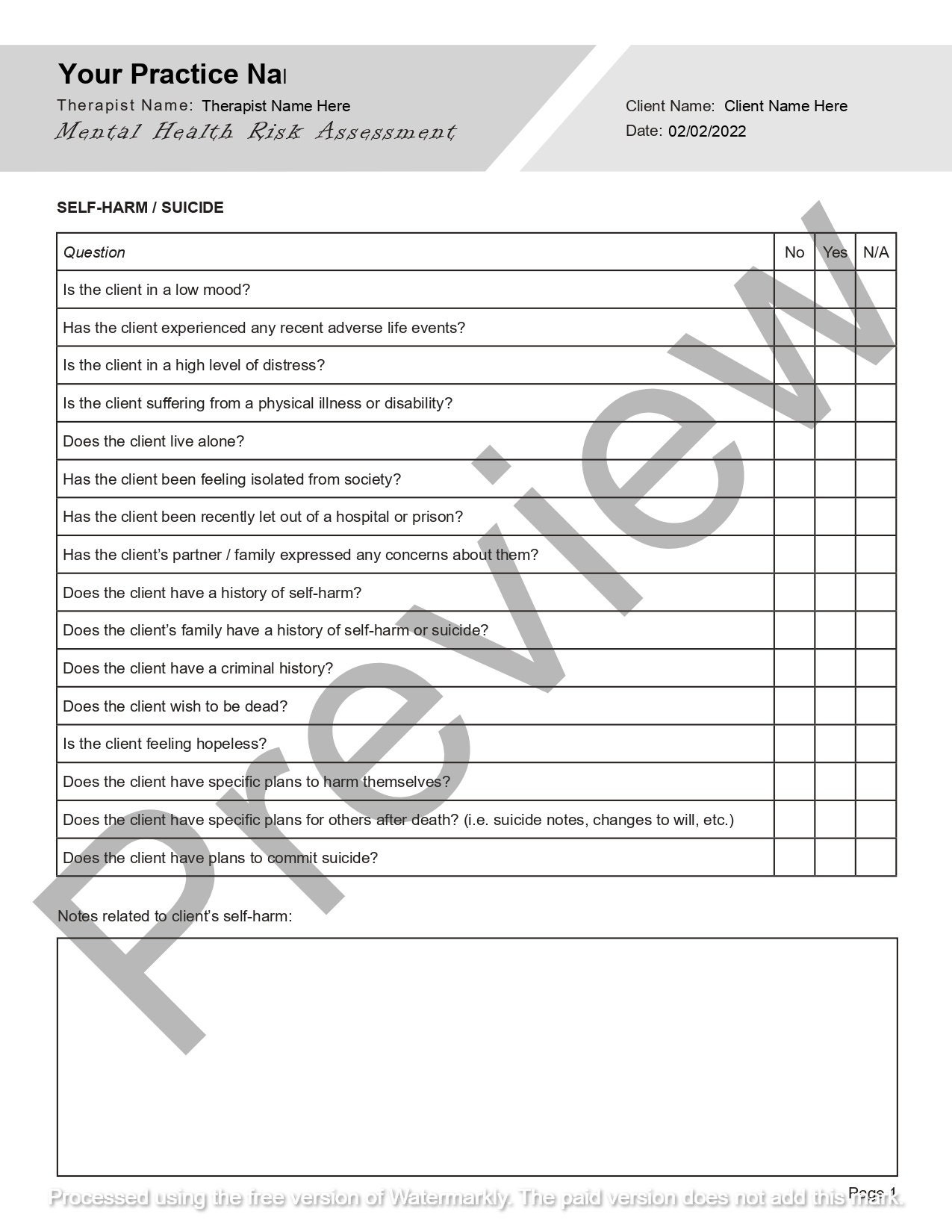 Mental Health Risk Assessment Editable Fillable PDF For Counselors Psychologists Psychiatrists Therapists Etsy UK