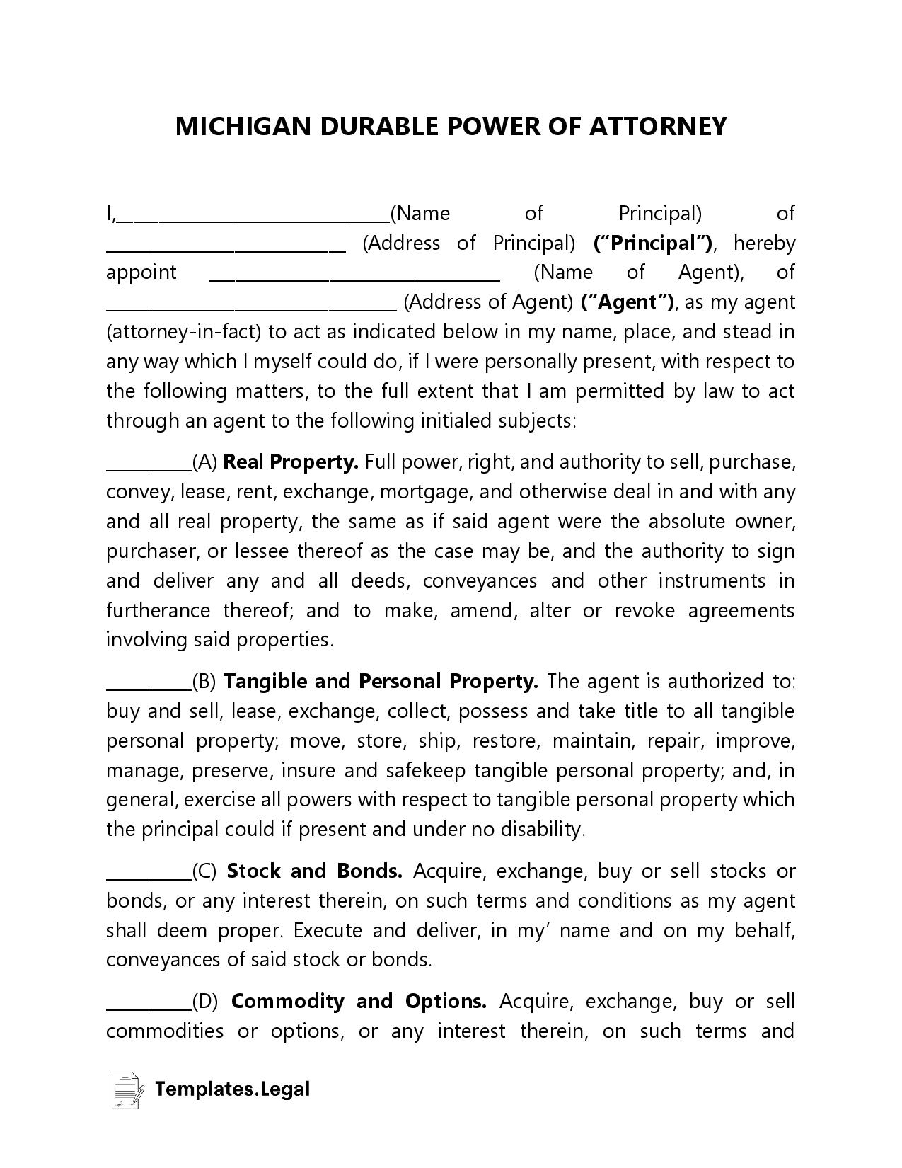 Michigan Power Of Attorney Templates Free Word PDF U0026 ODT 