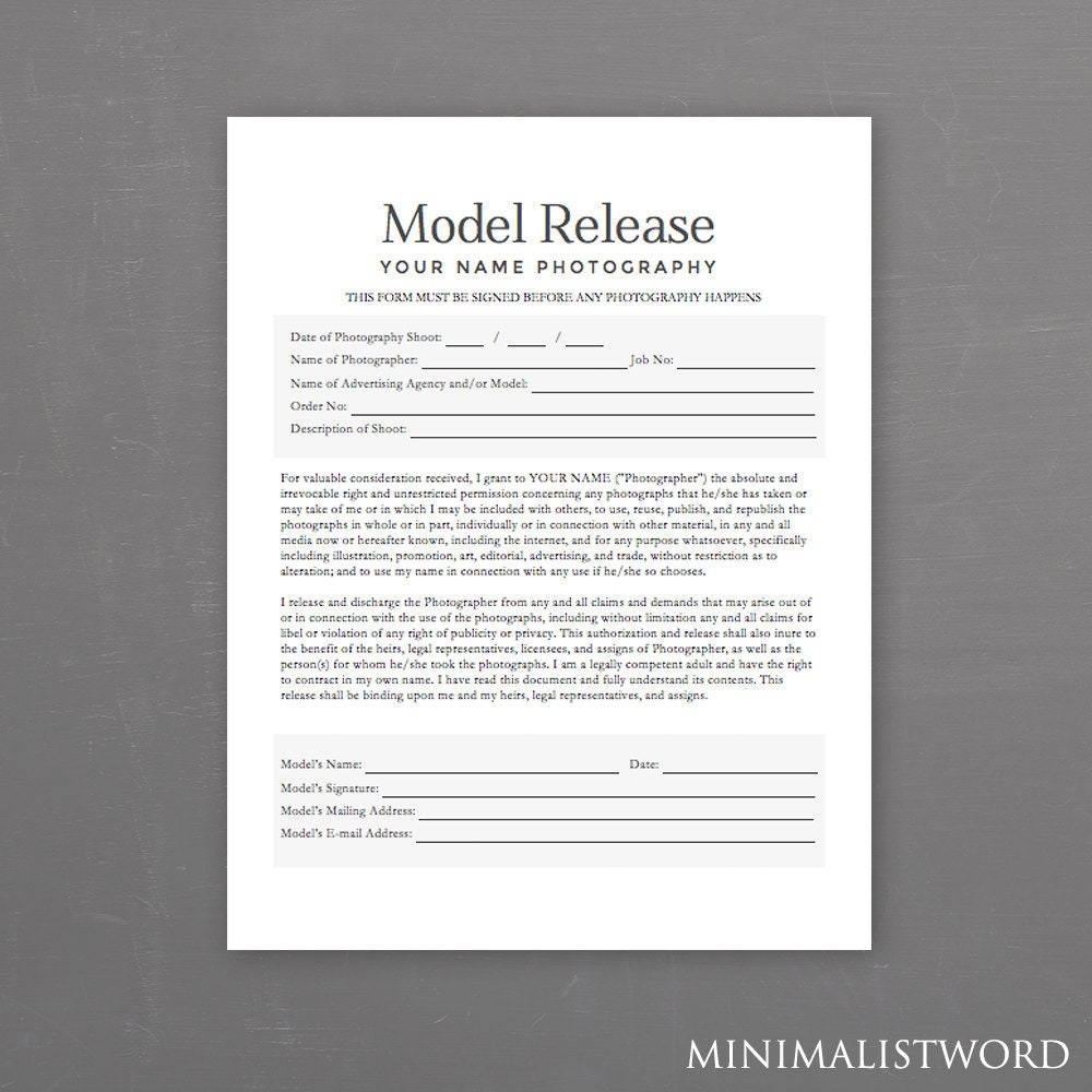 Model Release Form Photography Template For Photographers MS Word Instant Download 