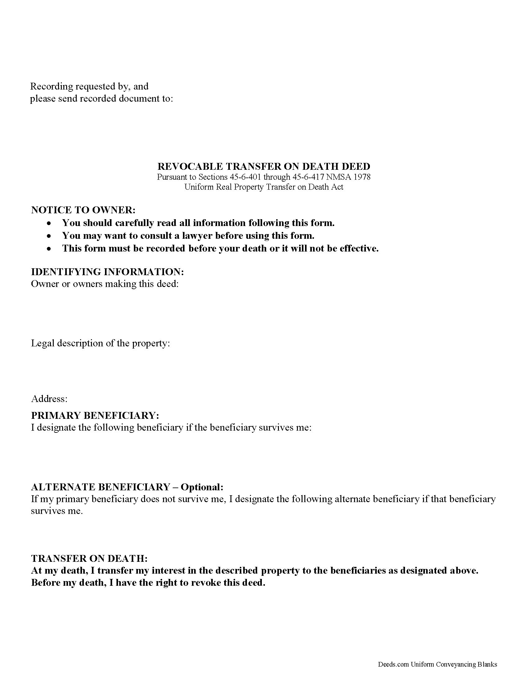 New Mexico Transfer On Death Deed Forms Deeds
