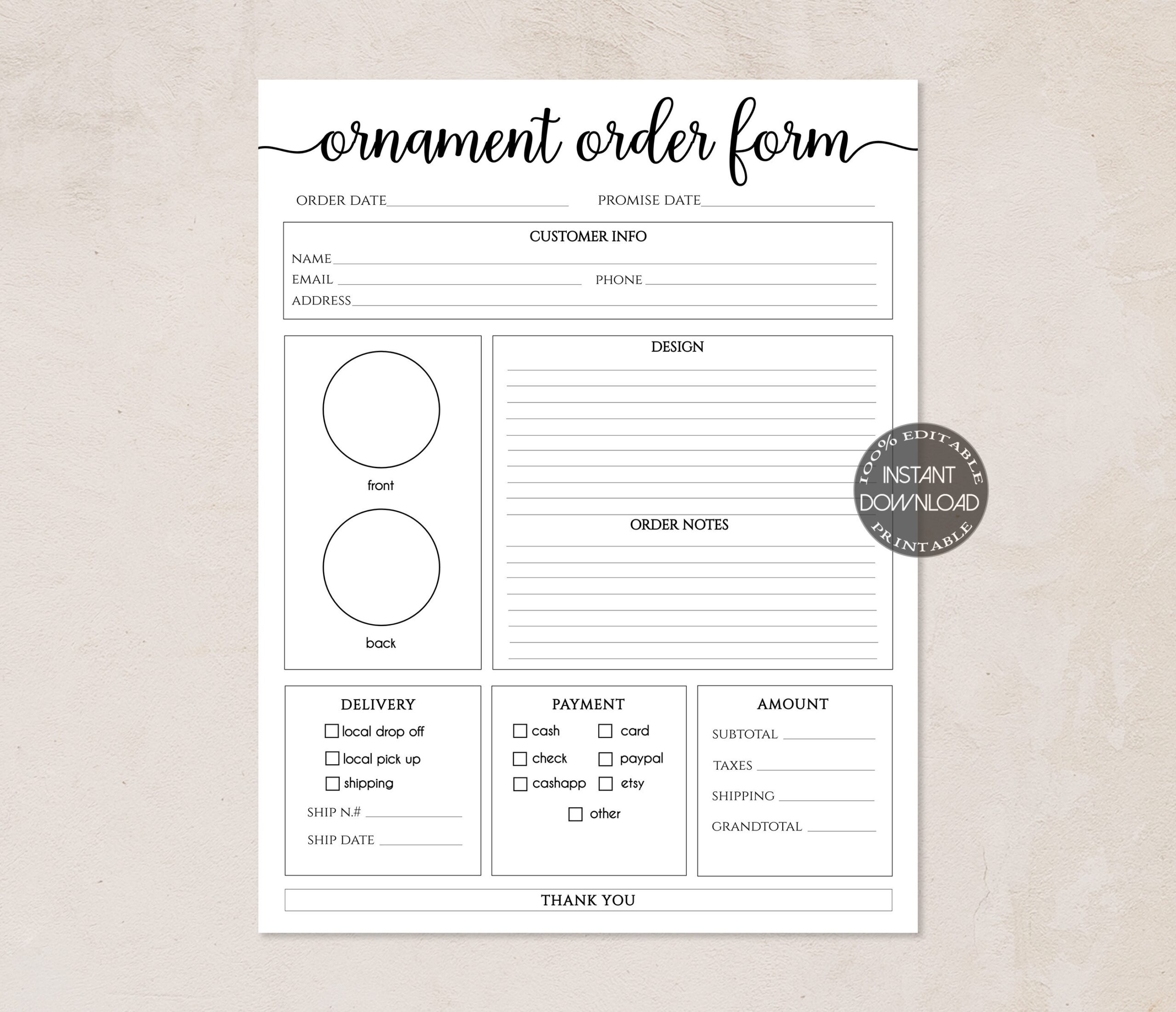 Ornament Order Form Printable Crafters Order Form Small Craft Business Templates Editable Small Business Forms Dtp 004 Etsy