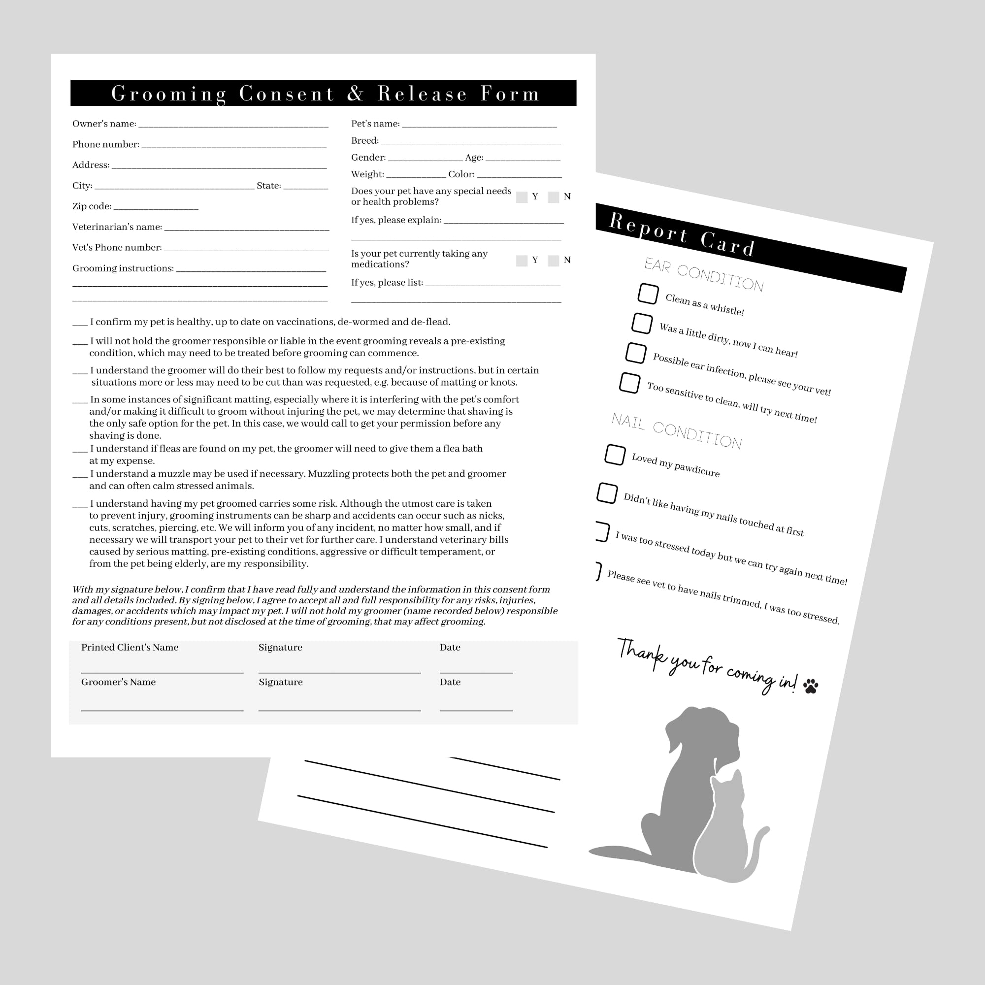 Pet Grooming Intake Forms Consent U0026 Release Matted Coat Clip Off Agreement Pet Report Card 50 Pk 25 Of Each Dbl Sided 8 5x11 Groomer 