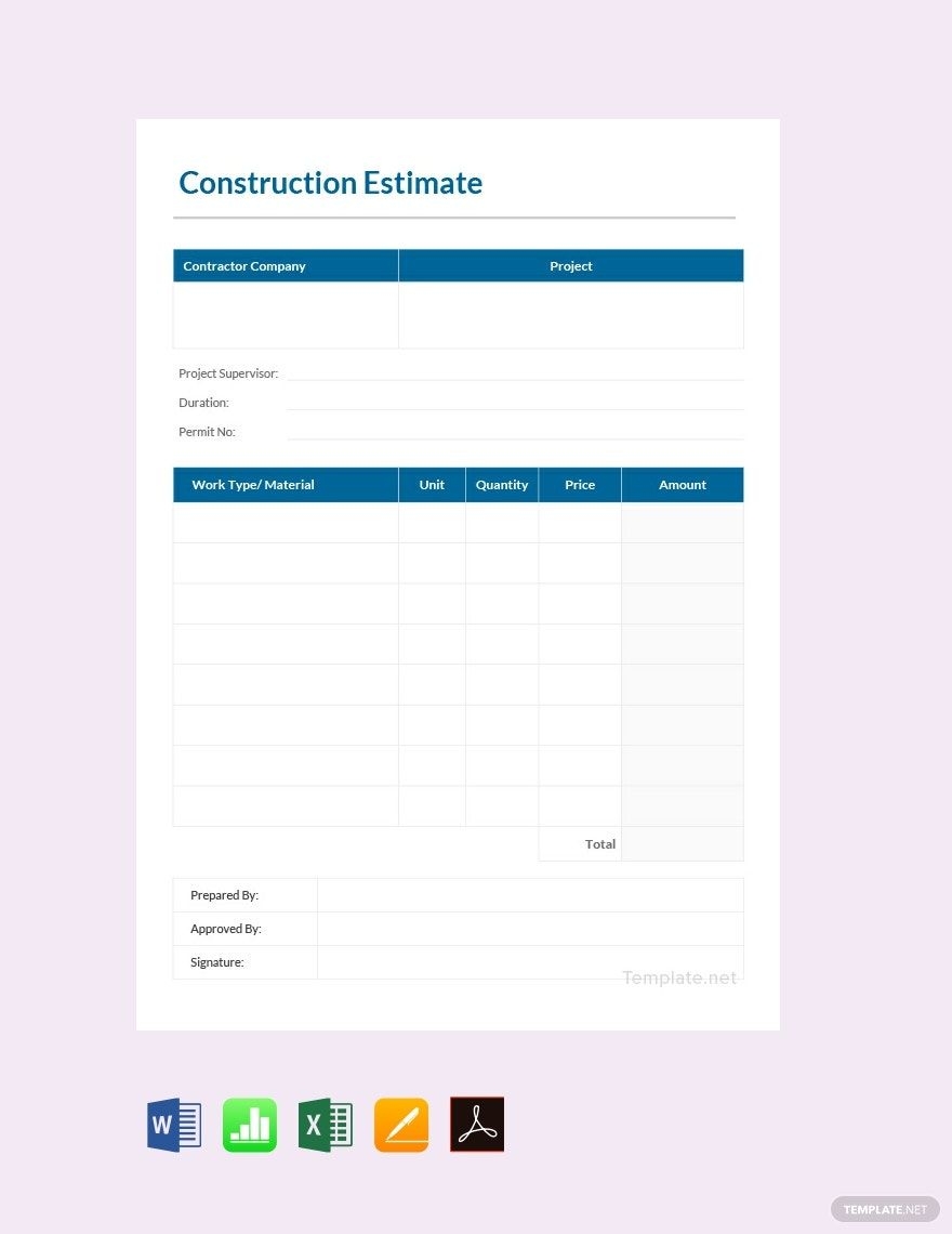 Printable Construction Estimate Template In Word Google Sheets 