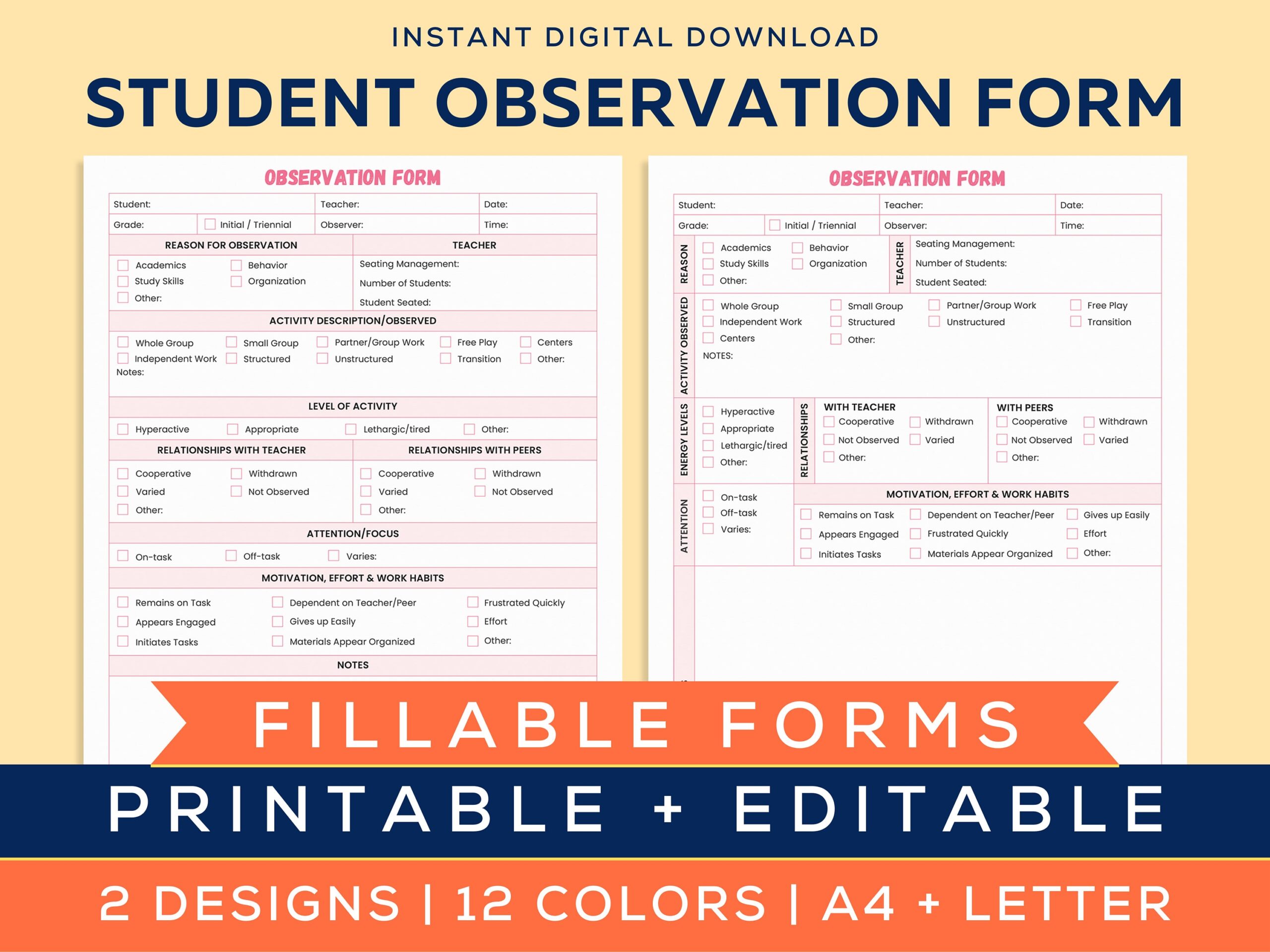 Printable Observation Form Student Observations School Psychologist Forms Editable And Fillable A4 And Letter Etsy