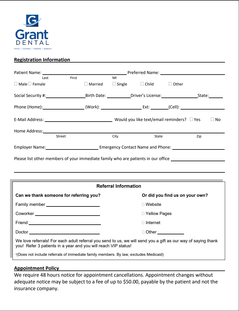 Free Printable Dental Exam Form