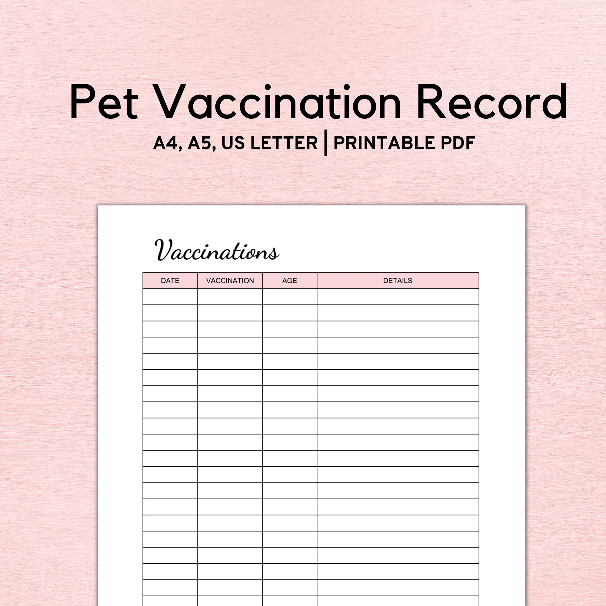 Printable Pet Vaccination Record Dog Vaccination Cat Vaccination 