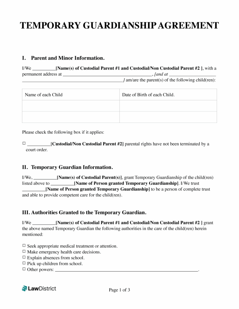 Printable Temporary Guardianship Form Free PDF U0026 Word LawDistrict