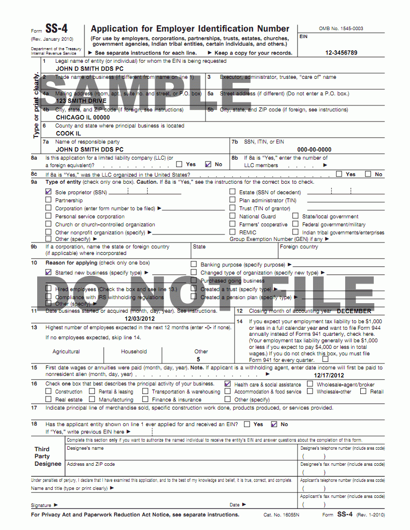 Proof Of FEIN SS4 Application