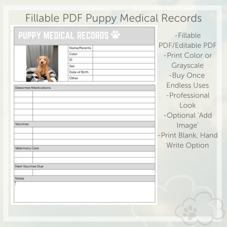 Puppy Medical Records Forms Fillable PDF Grey
