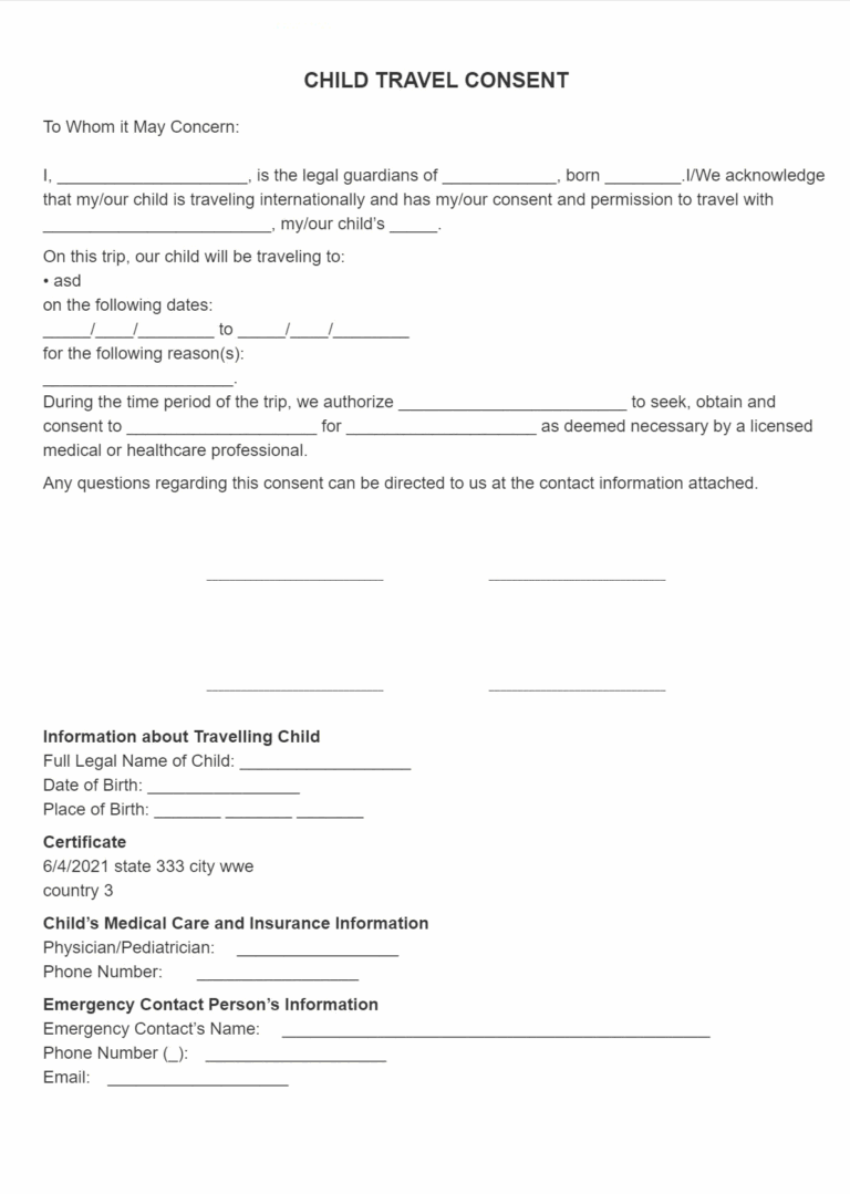 SignSimpli Child Travel Consent Form
