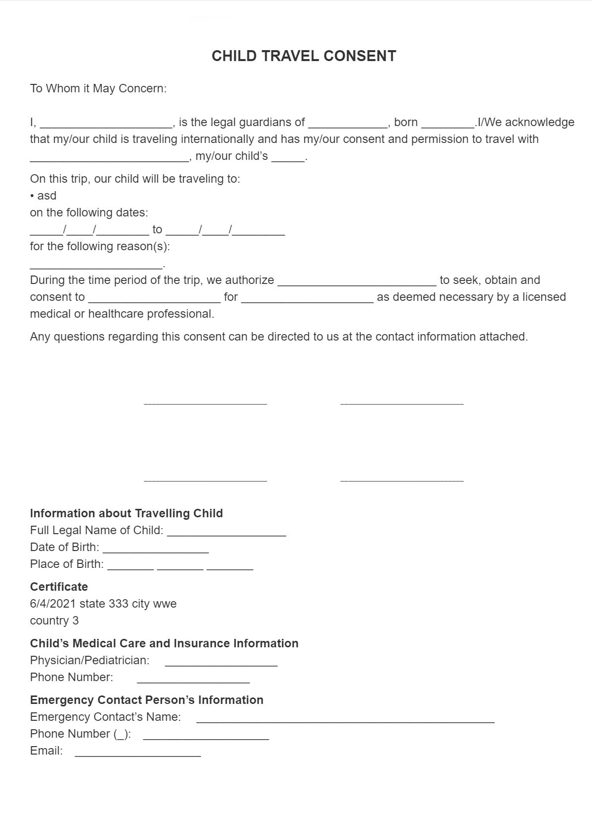 Printable Free Child Travel Consent Form Pdf