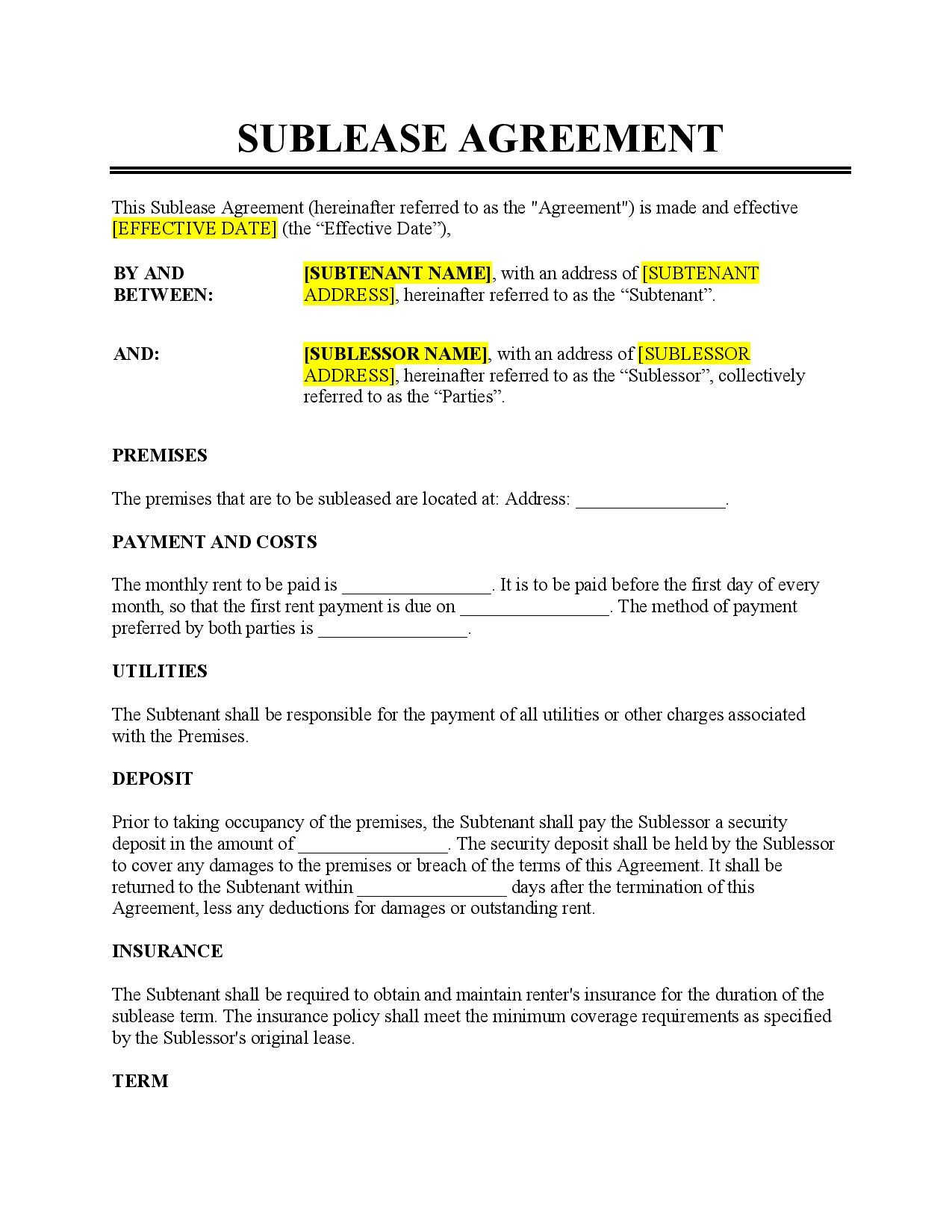 Free Printable Sublease Forms
