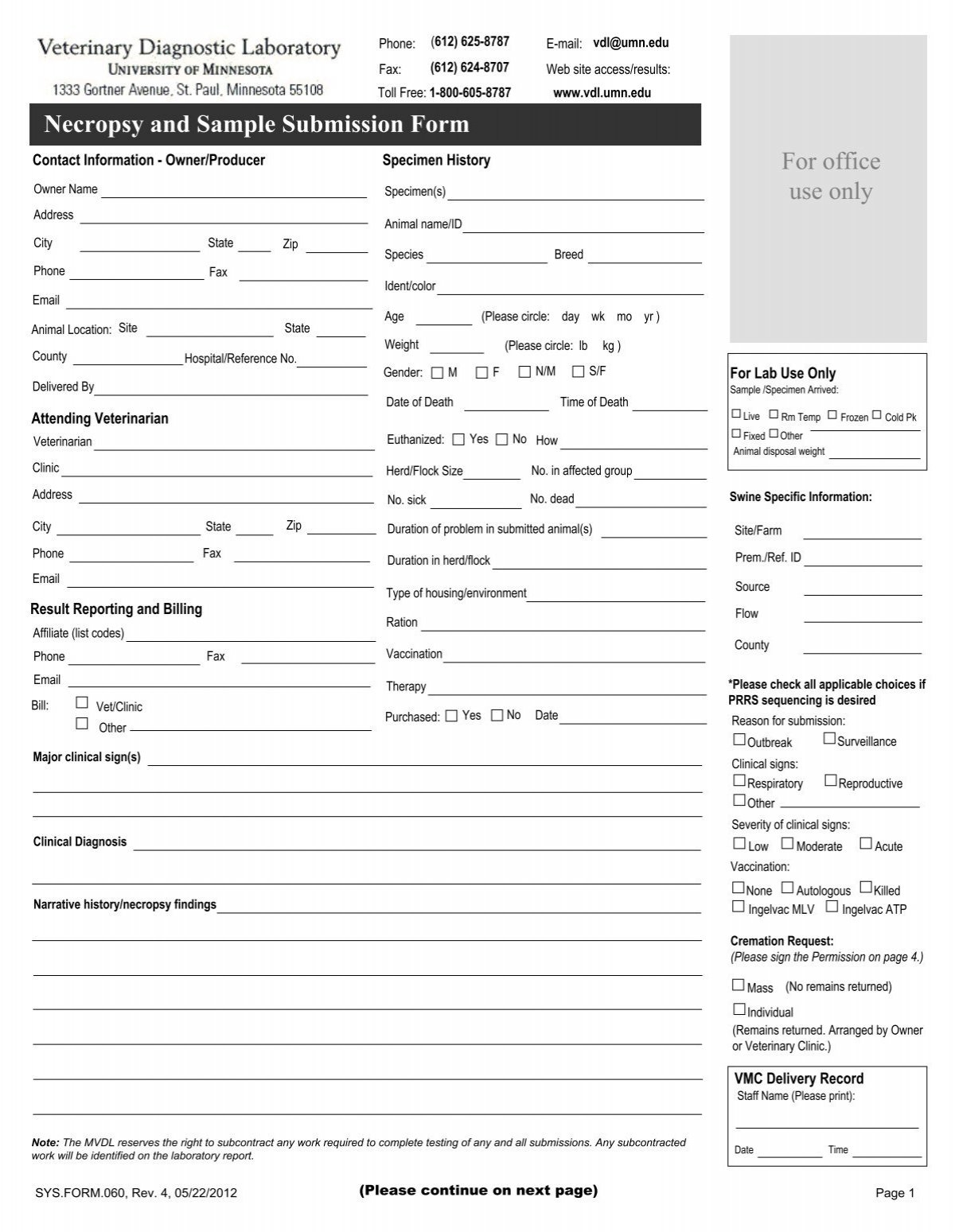 Submission Form Veterinary Diagnostic Laboratory University Of 