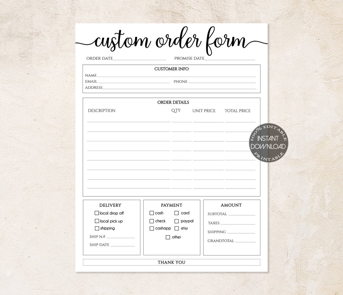 SunRayArt Designs Custom Order Form Template Editable Forms